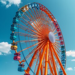 Ferris wheel in the blue sky. Summer entertainment. Generative AI