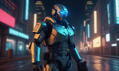 RoboCop is on duty to protect public order on the streets of the evening city.