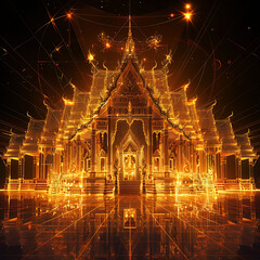 Thai temple 3D hologram wireframe pixels, orange neon light, volumetric epic quantum computing core, glowing with energy, intricate data streams, abstract algorithmic patterns