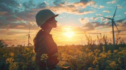 Fototapeta premium A woman engineer wearing a hard hat stands in a field of flowers and looks at the sunset near the wind turbines.