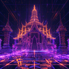 Thai temple 3D hologram wireframe pixels, purple neon light, volumetric epic quantum computing core, glowing with energy, intricate data streams, abstract algorithmic patterns