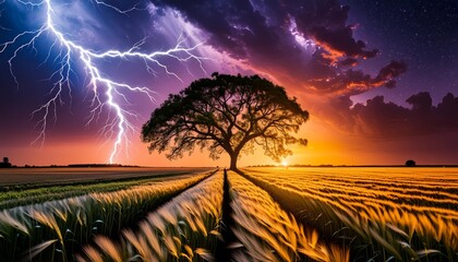 Majestic lightning strike over lone tree at dusk