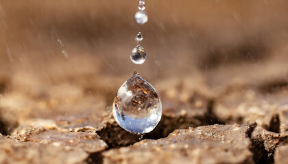 Water drop. Water dripping on the soil ground cracked by drought. Drought-Stricken Soil with Water Drop, Highlighting Agricultural Crisis