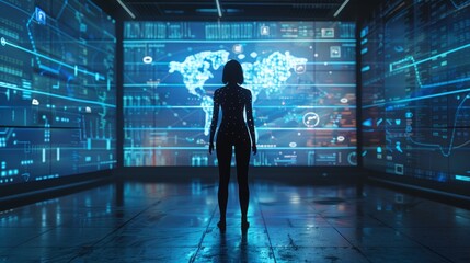 A woman standing in a futuristic room in front of a large screen with a map of the world.