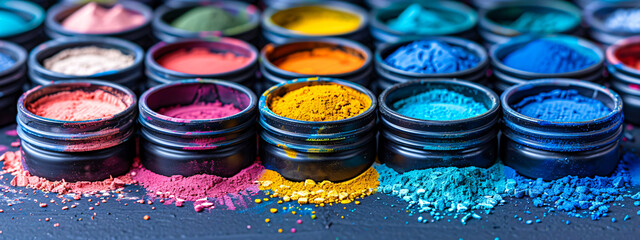 Colorful Powder Pigments, Traditional Holi Festival Colors, Indian Cultural Background - obrazy, fototapety, plakaty