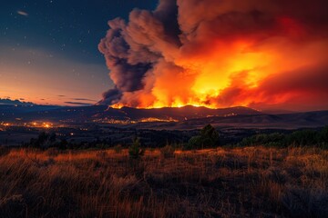 A vast wildfire raging across the horizon, illuminating the night sky with an ominous orange glow, underscoring the intensifying frequency and severity of wildfires fueled by climate change. - obrazy, fototapety, plakaty