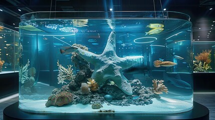 Large glass fish tank in the shape of a five-pointed star, clean background. Generative AI.