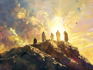 Transfiguration scene with Jesus glowing brightly, surrounded by heavenly rays of light and...