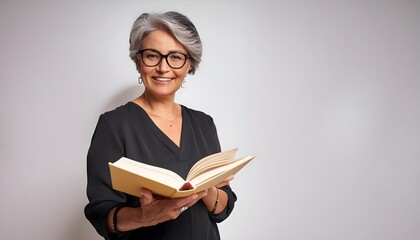 Smiling teacher holding a book on white background