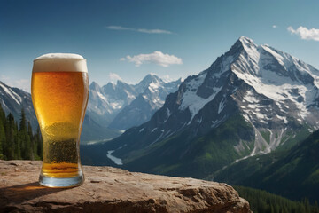 A cup of beer with mountains background
