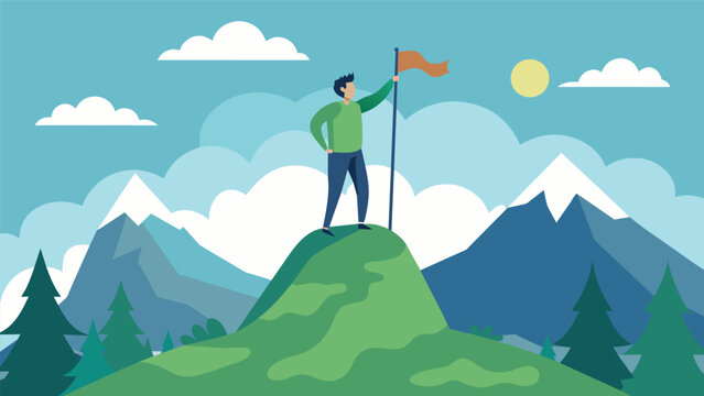 A person standing on a mountaintop holding a flag that reads Wilderness preservation our shared responsibility.