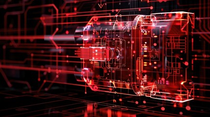 Mechanical lock 3D model normal, translucent layer style, X-ray, point information wave, electronic sense, technological sense, red, circuit, dark red, black background. Generative AI.
