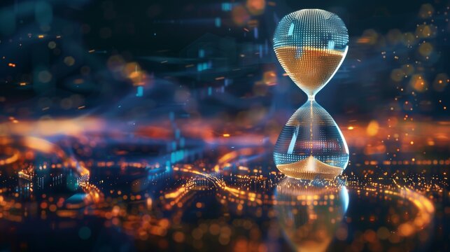 An hourglass with digital pixels spilling like sand, symbolizing the passing of time in the digital era and the accumulation of electronic waste.