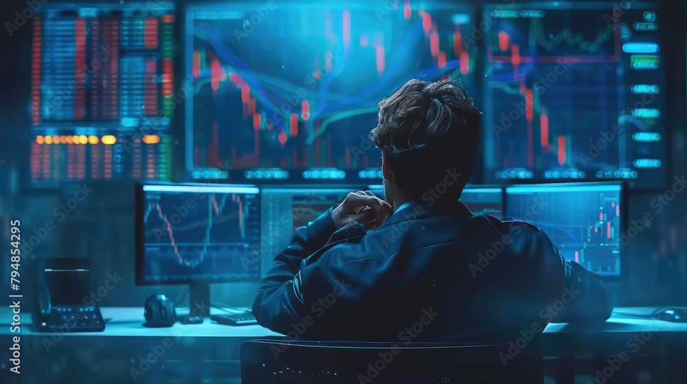 Poster Trader is trading spot cryptocurrency market, blue background with data price charts. Generative AI.