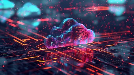 Obraz premium An artistic representation of a cloud computing concept, featuring a microchip with a cloud symbol, symbolizing advanced data upload and storage technology in the digital age.