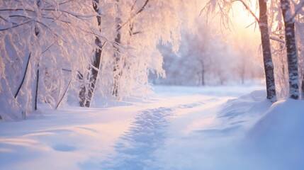 Obraz premium beautiful winter landscape, a trail in a snow covered forest, tree branches with hoarfrost, bright sunlight and beautiful nature