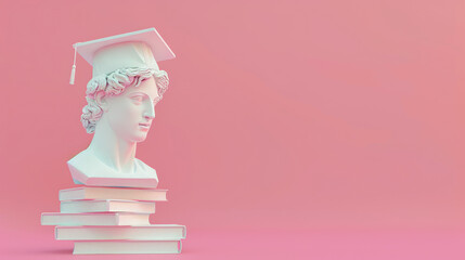 Graduation party invitation. White head bust of David wearing a graduation cap on a pink background. Copy space. mortarboard on white antique head. Online courses, education, library, app - obrazy, fototapety, plakaty
