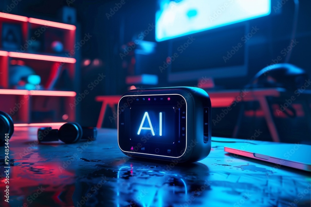 Poster a sleek ai personal assistant device sits on a desk, illuminated in moody blue light emphasizing its