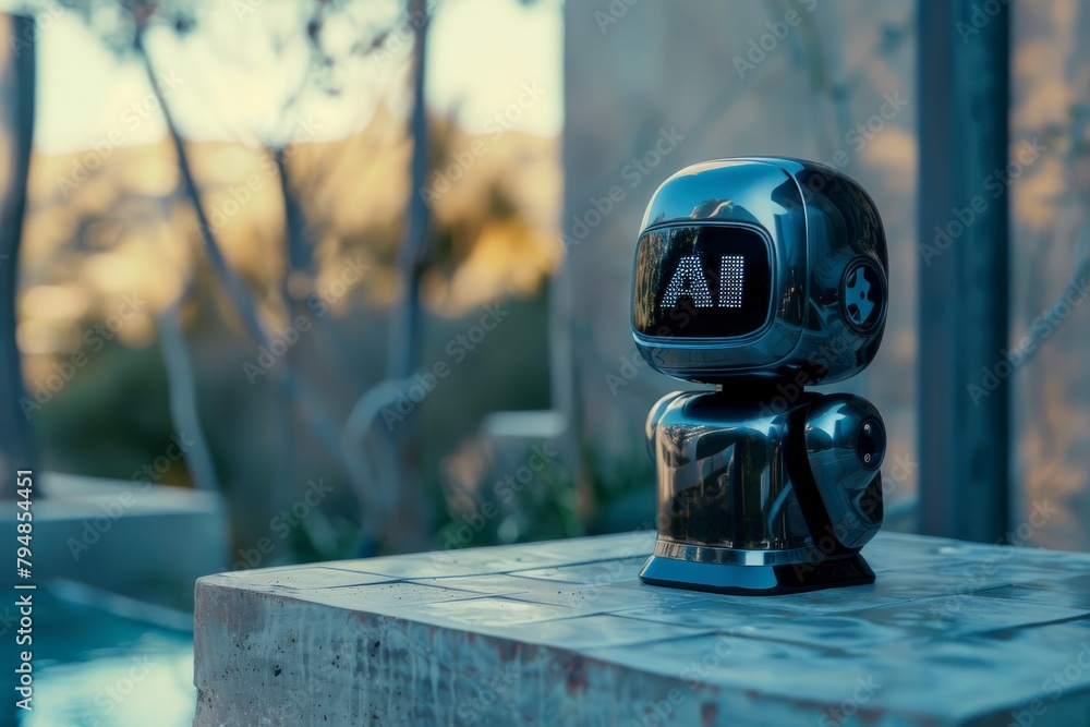 Poster a reflective robot head displaying ai on its screen stands against a blurred nature backdrop, evokin