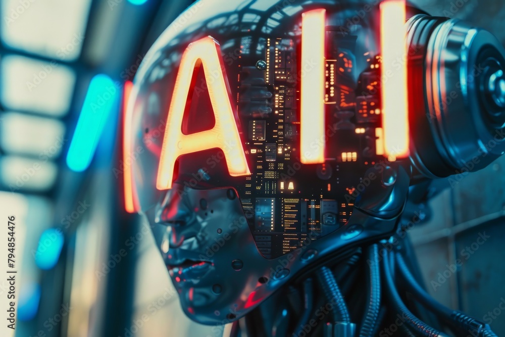 Poster detailed close-up of an ai robot's head illuminated with striking red, showcasing intricate technolo