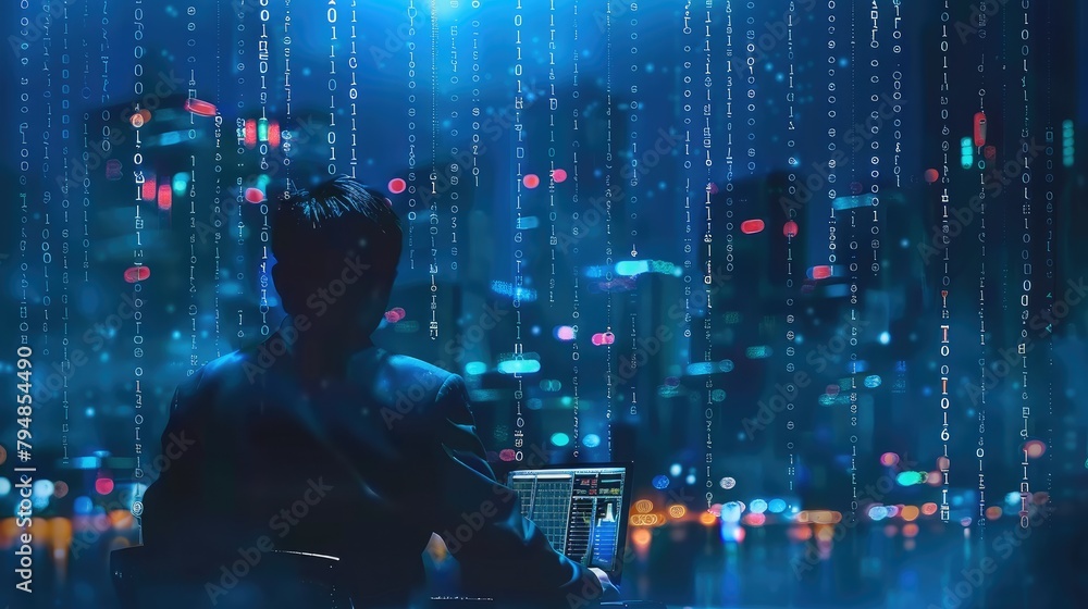 Poster trader is trading spot cryptocurrency market, blue background with data price charts. generative ai.
