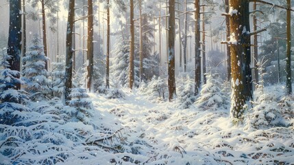 Snow covered mixed winter forest undergrowth