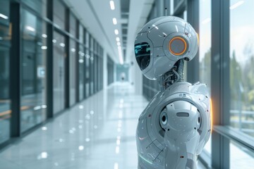 A modern, humanoid robot featured in a high-tech corridor, showcasing advanced artificial intelligence and futuristic design