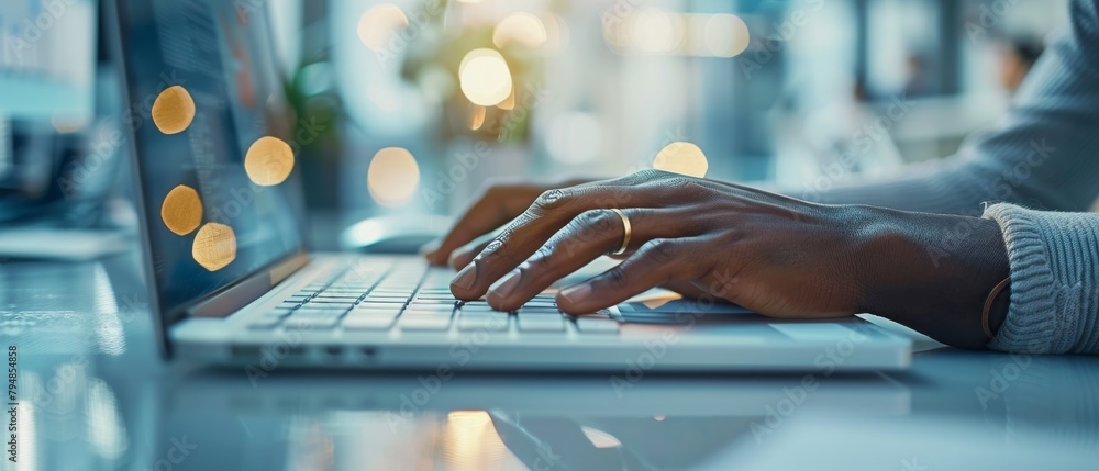 Aufkleber an over the shoulder view of a person typing on a sleek laptop in an office setting with soft light 