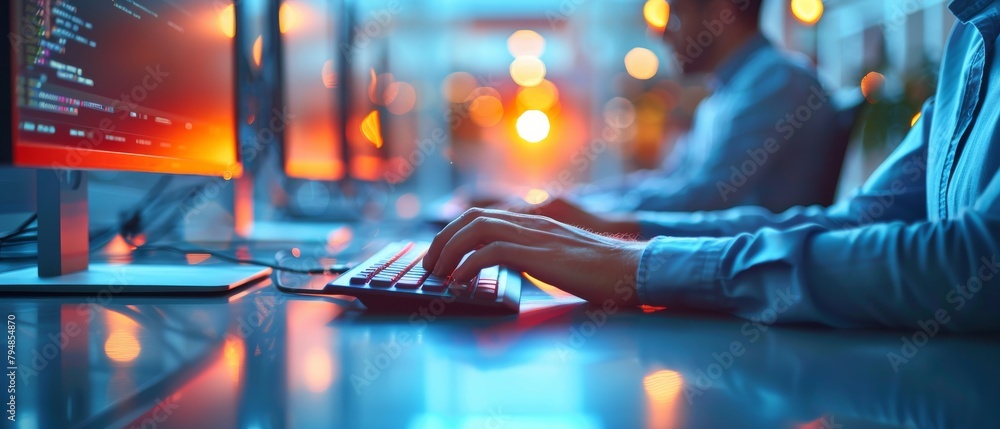Poster a close-up image showing hands on the keyboard with warm background lighting gives a look into moder
