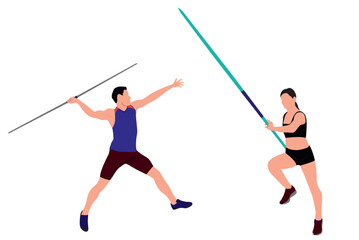 Fototapeta na wymiar Male Javelin throwers and woman with pole vault. 