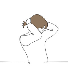 man collects his hair on the back of his head in a ponytail - one line art vector. concept long-haired man doing his hair