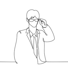 young businessman wearing glasses - one line art vector. concept a man in a suit puts on or adjusts his glasses