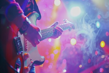 Obraz premium Close-up of a guitarist's hands playing the electric guitar with vibrant stage lighting and a dreamy atmosphere