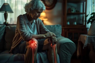 An elderly individual sits pensively with glowing red highlights indicating knee pain, suggesting health issues or chronic pain management