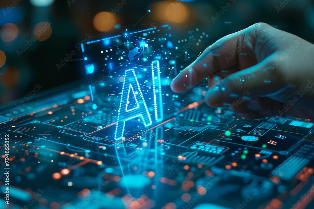 Poster a hand interacts with an advanced artificial intelligence interface with glowing lights and digital 