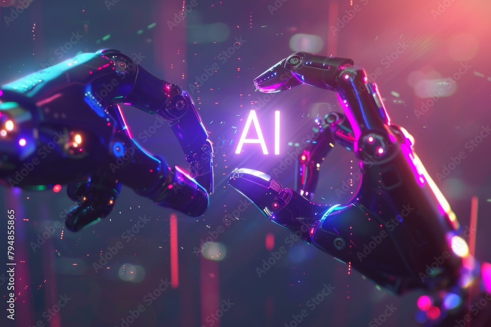 Poster two robotic arms with ai branding are engaging with each other, illuminated with neon colors in a lo