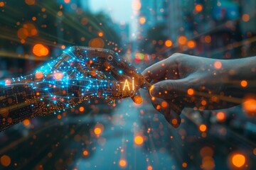 A human hand and a digital AI representation perform a handshake, set against a blurred city background, conveying a message of harmony between humans and technology