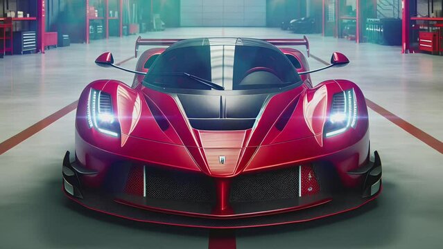 luxury red supercar in the big garage