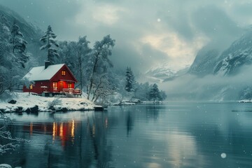 A serene winter scene featuring a warm, illuminated house by a frozen lake surrounded by snowy...