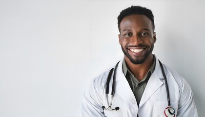 Smiling African American doctor on a white minimalist background