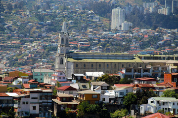 Views of the Carmelite Church in the Chilean coastal town of Valparaiso - obrazy, fototapety, plakaty