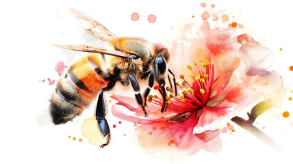 Artistic representation of a bee on a flower with watercolor splashes.