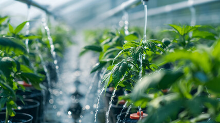 Irrigation system watering green plants in pots, demonstrating modern cultivation.