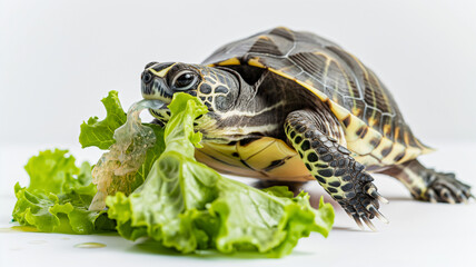 Turtle eating lettuce, showcasing the reptile's feeding behavior in detail.