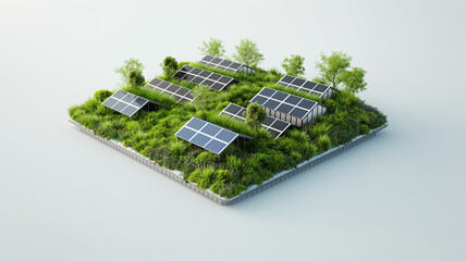 Miniature green energy concept with solar panels on a lush plot.