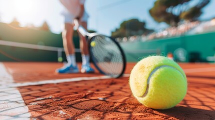 Create an atmospheric scene featuring a close-up photograph of a tennis ball lying still on the clay court
