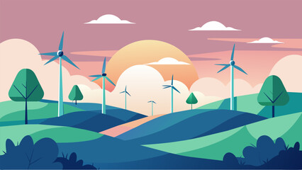 A before and after illustration of a once barren landscape now adorned with a field of wind turbines highlighting the positive impact on the