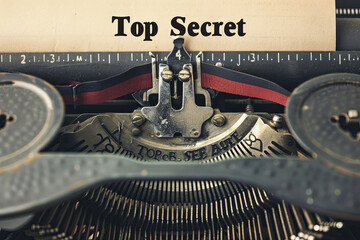 Top Secret phrase closeup being typing and centered on a sheet of paper on old vintage typewriter mechanical, with writing " Top Secret "
