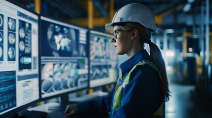 Female engineer monitoring smart factory systems in a control room. Side view of a female security officer or engineer monitoring the production line process on video walls in an industry facility.