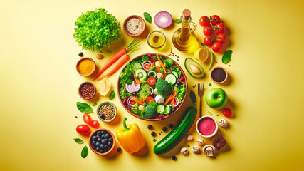 Fototapeta premium Fresh salad ingredients display on yellow background